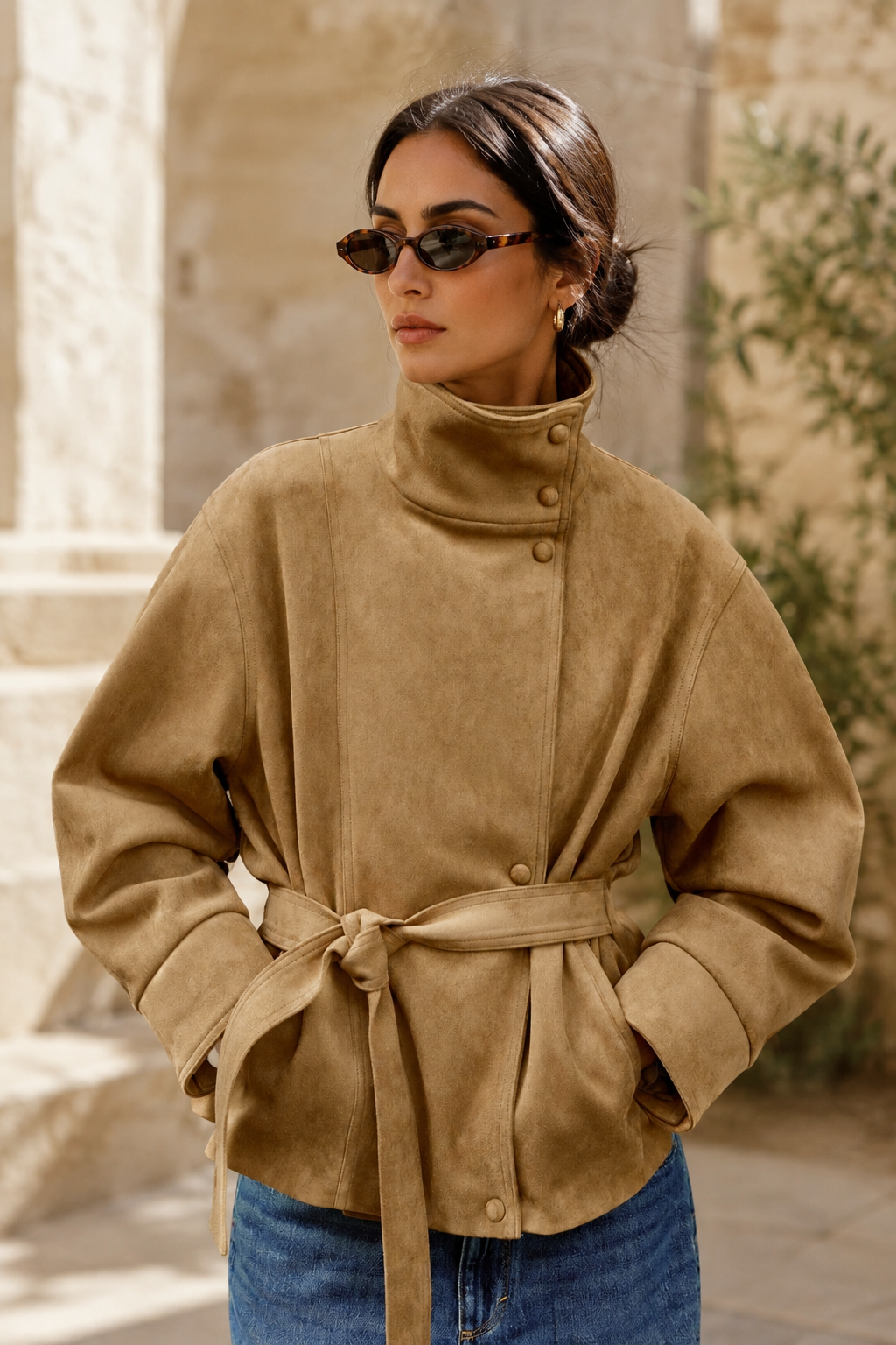 Belted Suede-Effect Jacket
