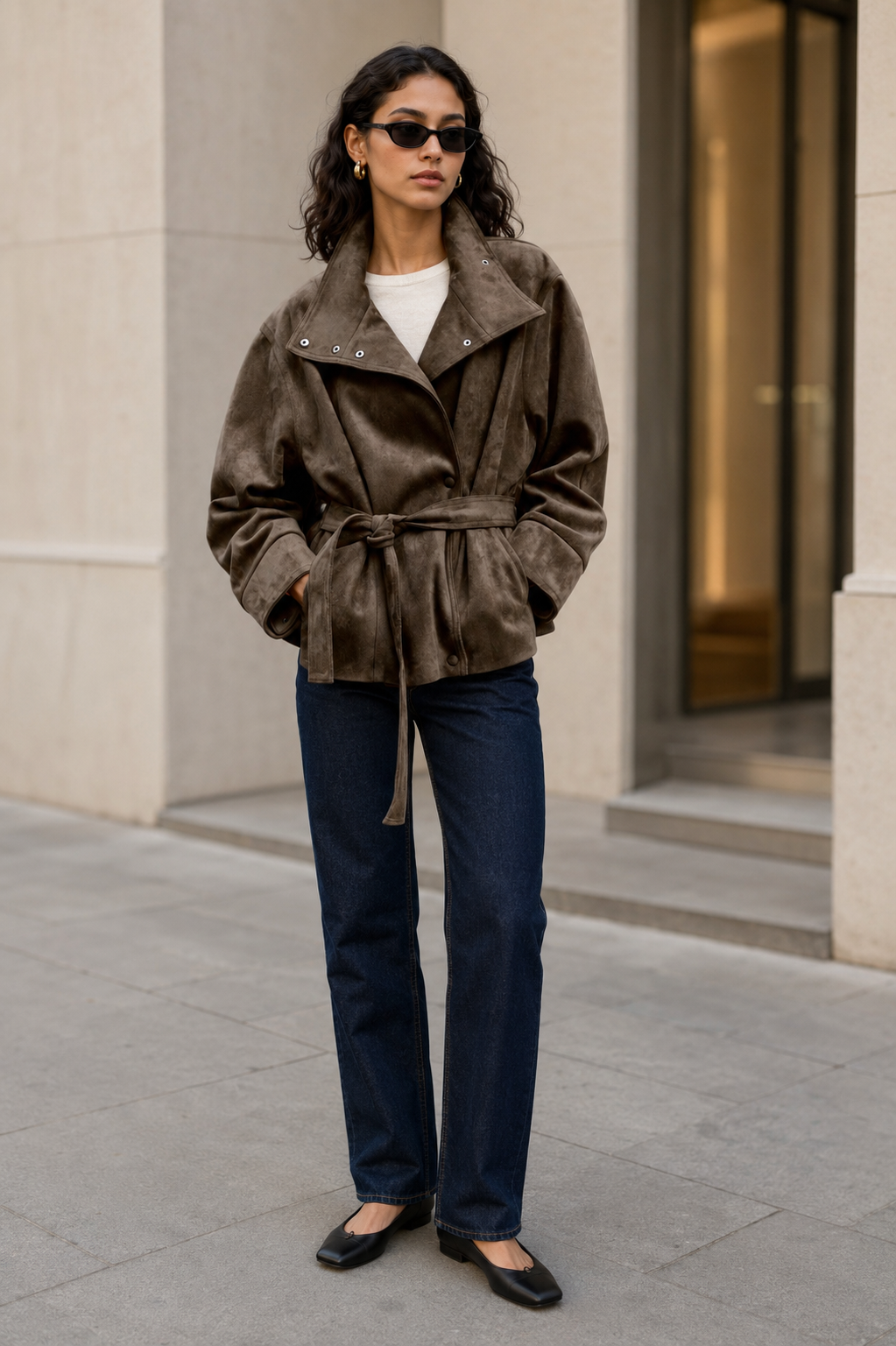 Belted Suede-Effect Jacket