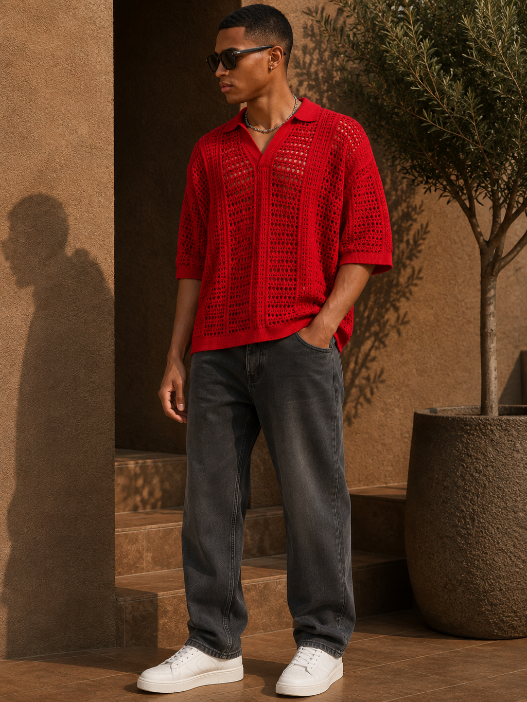 - Textured Crochet Knit Shirt