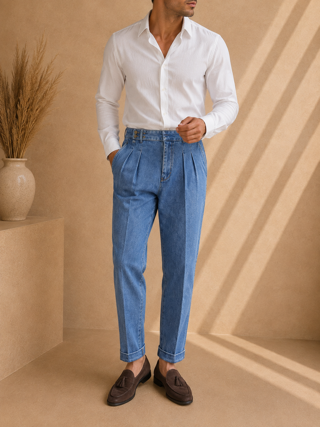 - The Bellagio Pleated Denim Trousers