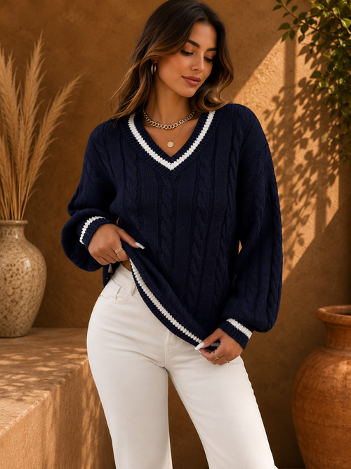 - Cambridge Cable-Knit V-Neck Sweater