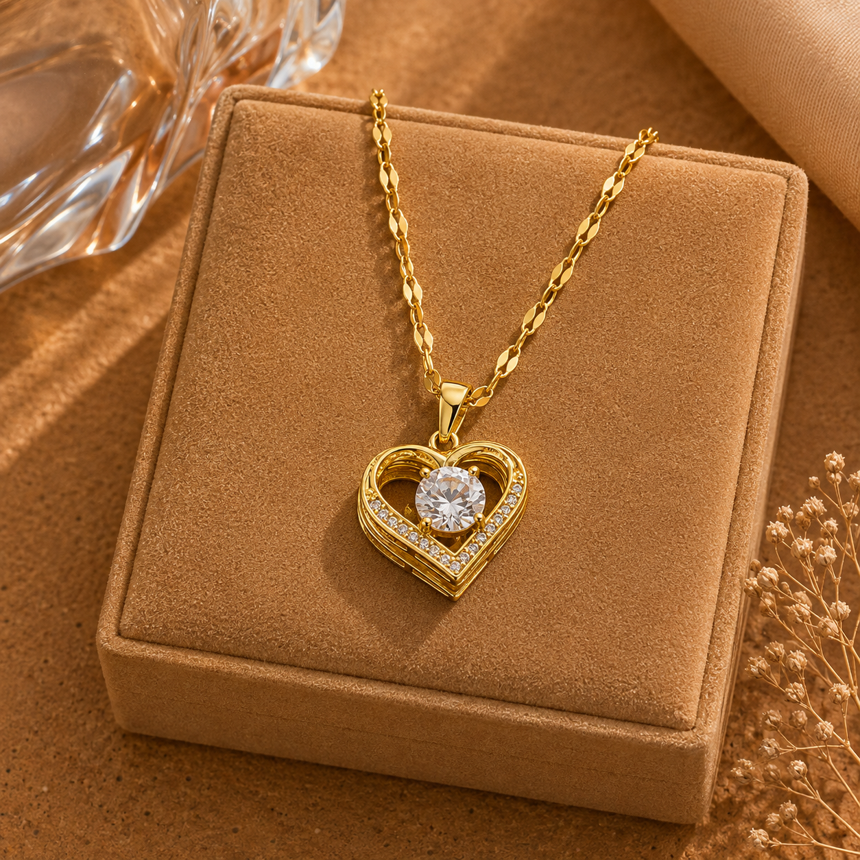 -Fashion Heart Gem & Lips Pendant Necklace for Women – Golden Stainless Steel Chain-