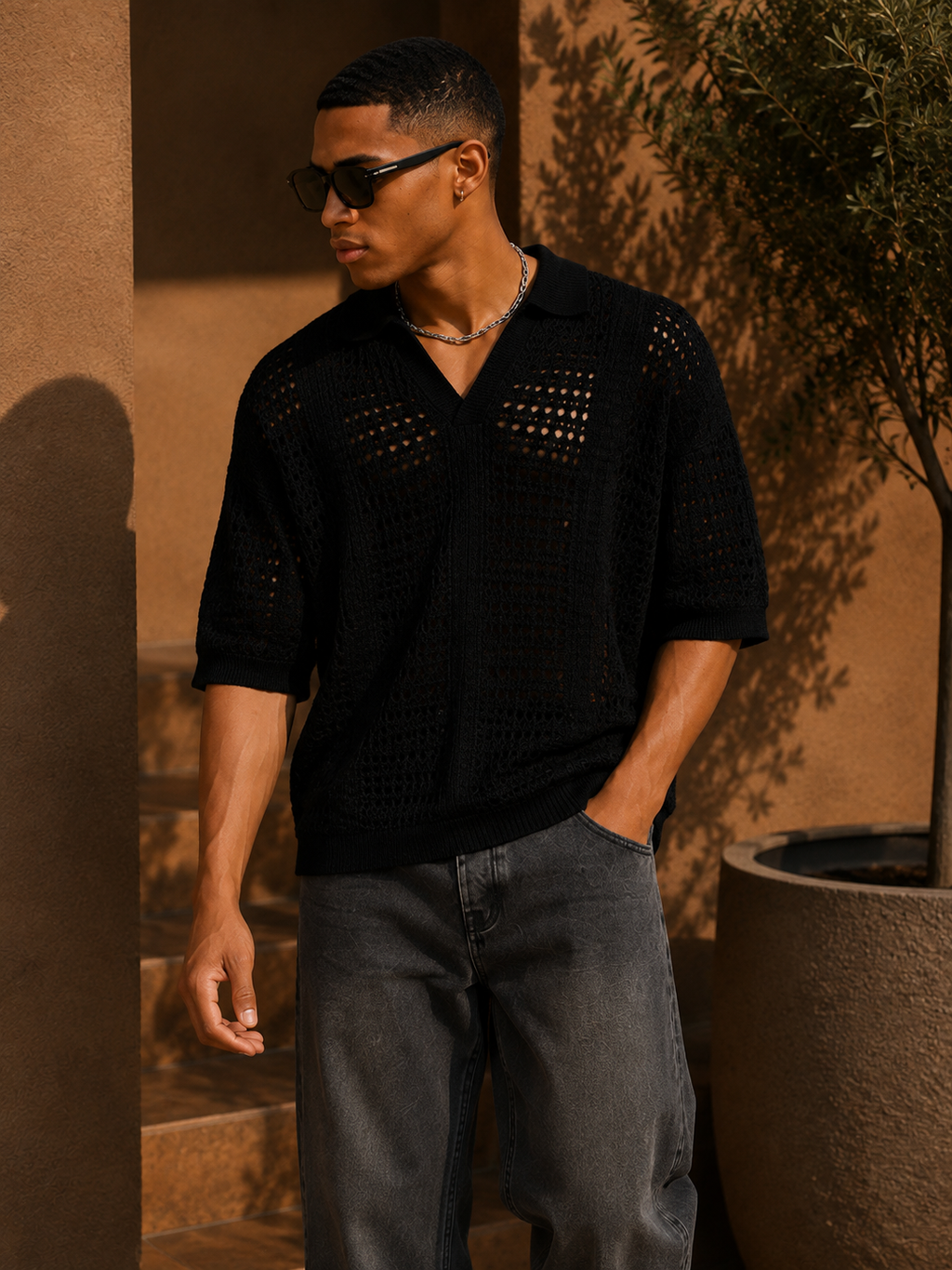- Textured Crochet Knit Shirt