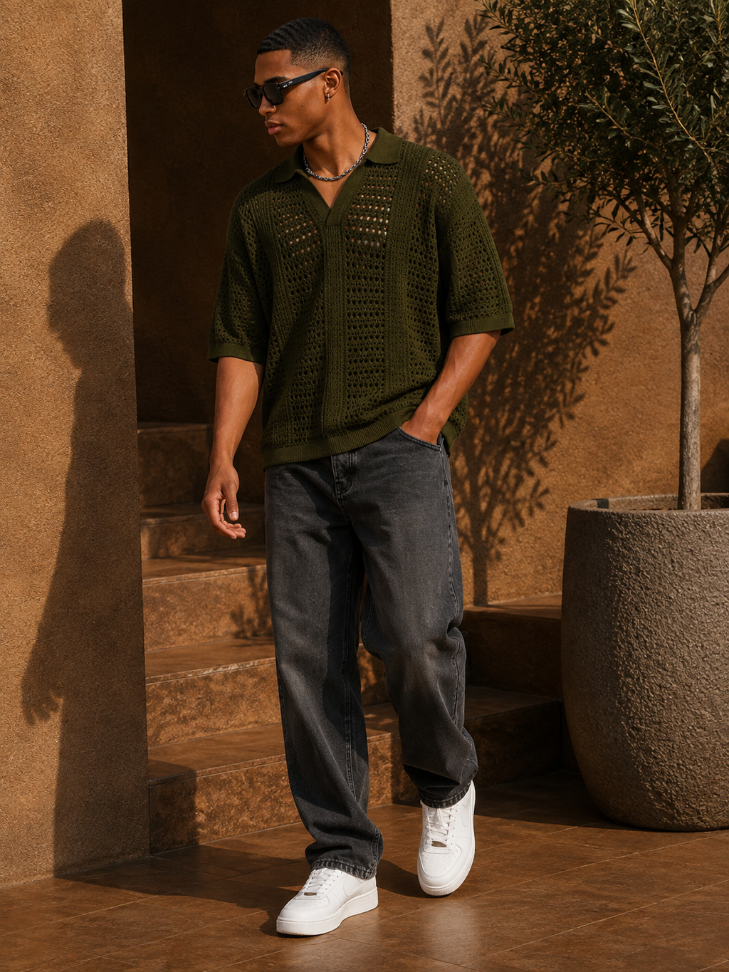 - Textured Crochet Knit Shirt