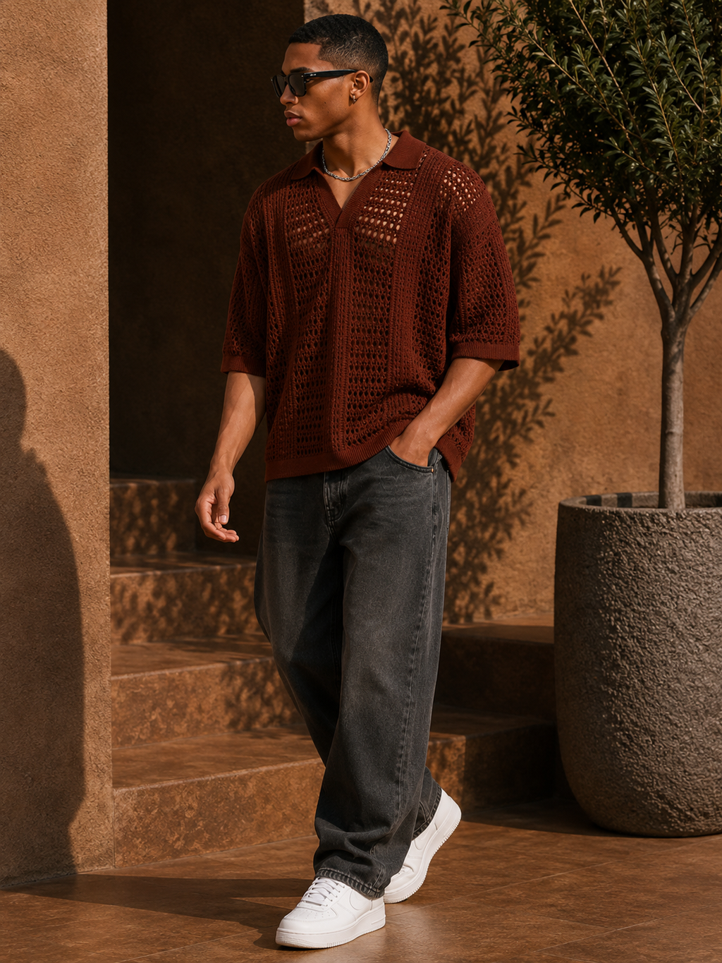 - Textured Crochet Knit Shirt