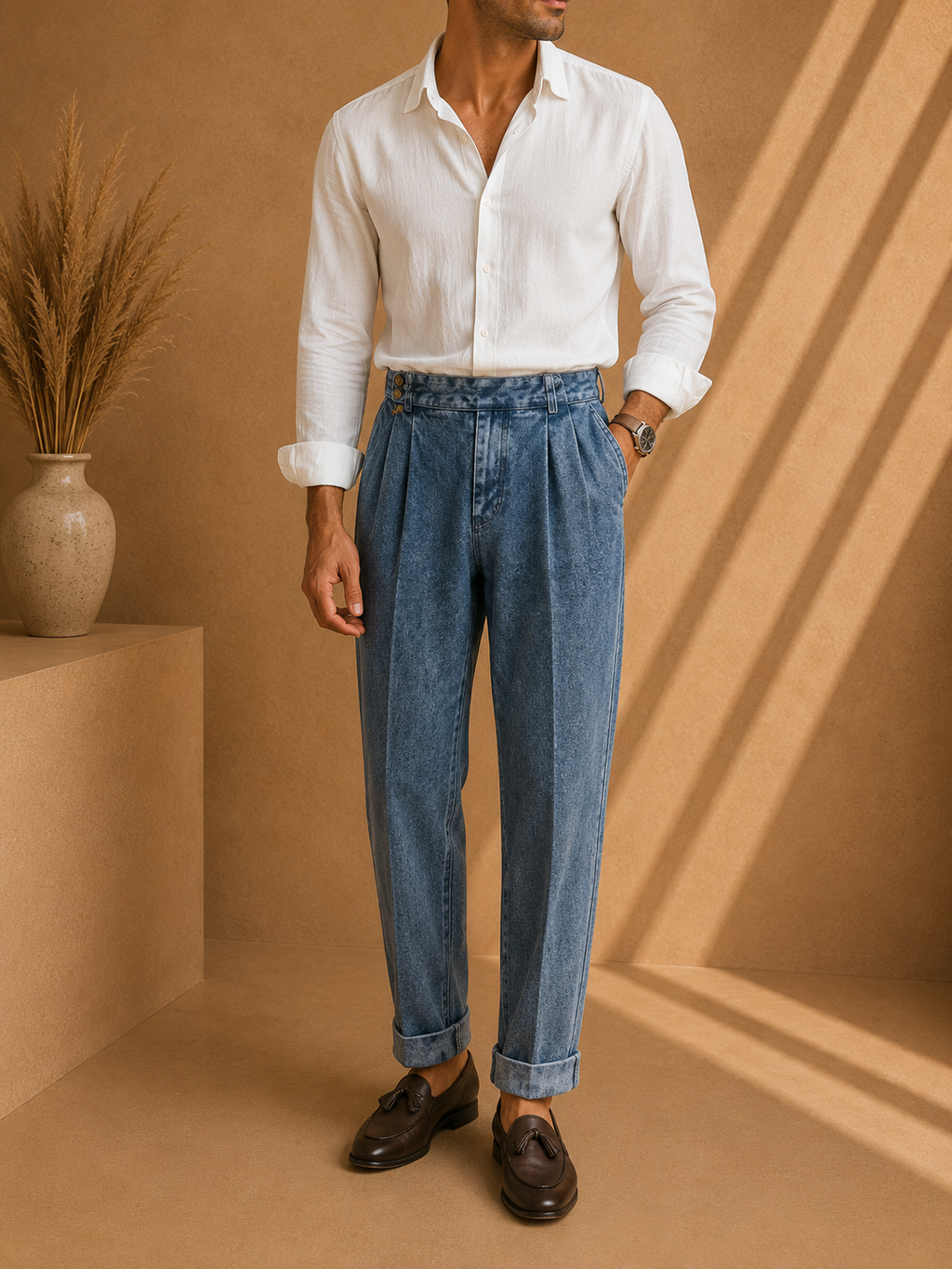 - The Bellagio Pleated Denim Trousers