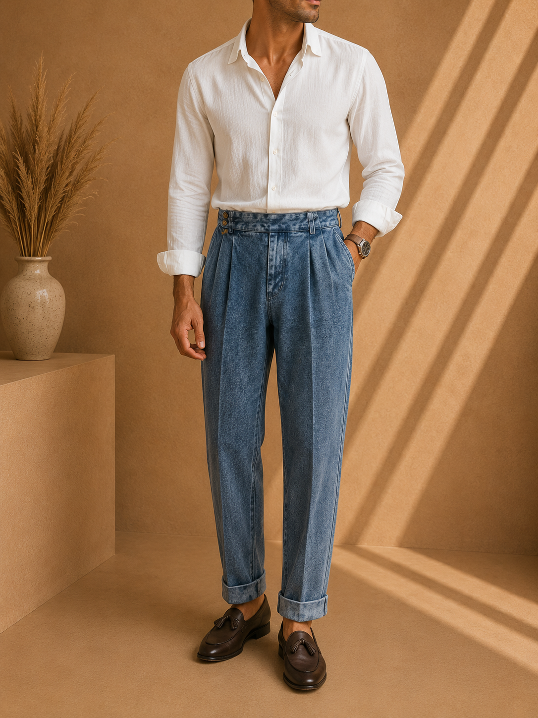 - The Bellagio Pleated Denim Trousers