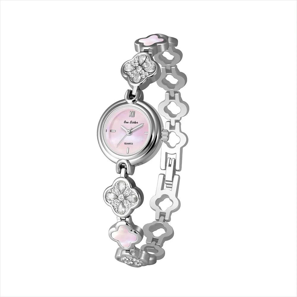 Women’s Lucky Four-Leaf Clover Quartz Watch – Elegant Crystal Bracelet Luxury Dress Watch