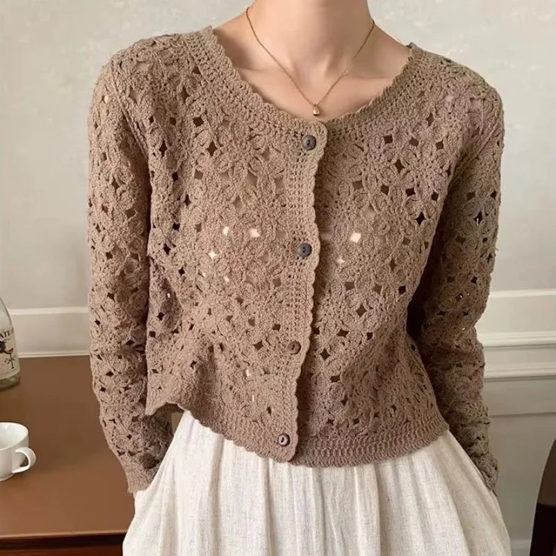 Philiberk Sheer Crochet Button-Up Cardigan for Women