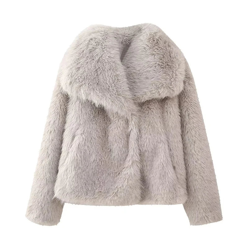Women’s Chic Faux Fur Winter Coat – Solid Color Warm Lapel Collar Jacket