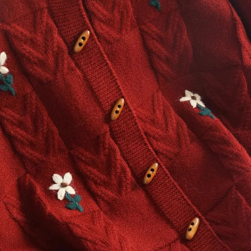 Retro Embroidered Twist Sweater Jacket – Women’s Thick Knit Cardigan