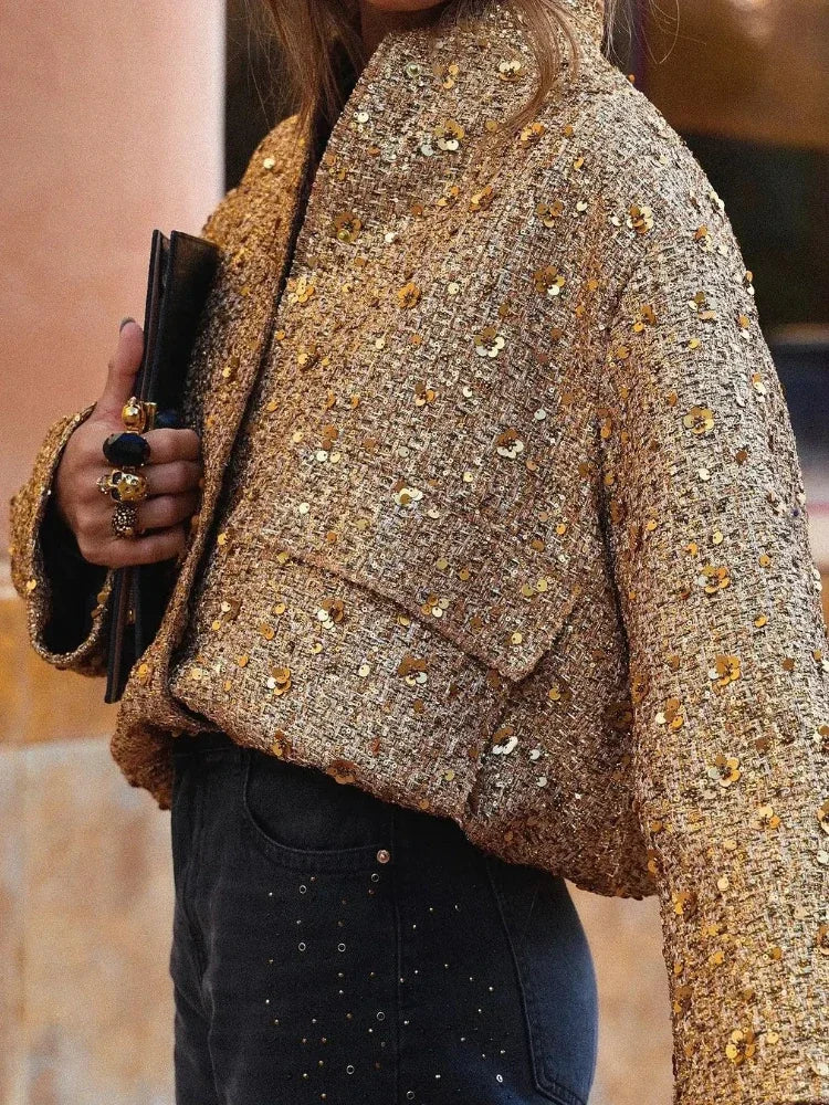 Women’s Sequined Bomber Jacket – Chic Fall Round Neck Coat with Pockets