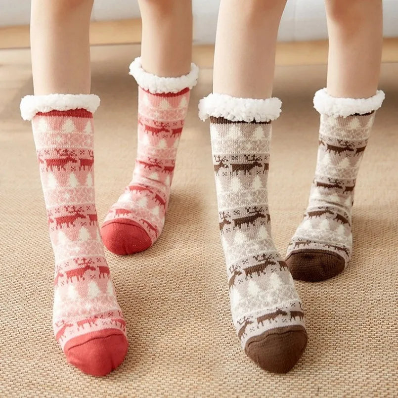 Cute Fuzzy Christmas Socks – Warm Plush Penguin & Deer Non-Slip Floor Slippers