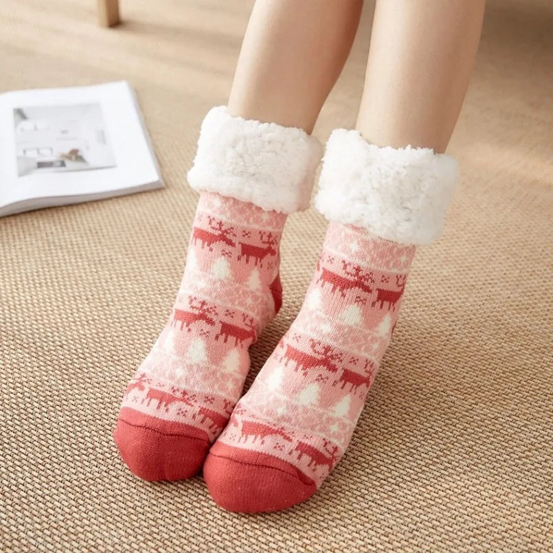 Cute Fuzzy Christmas Socks – Warm Plush Penguin & Deer Non-Slip Floor Slippers