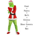 Grinch Christmas Outfit for Adults – Festive Green Fleece Santa Suit with Red & White Trim