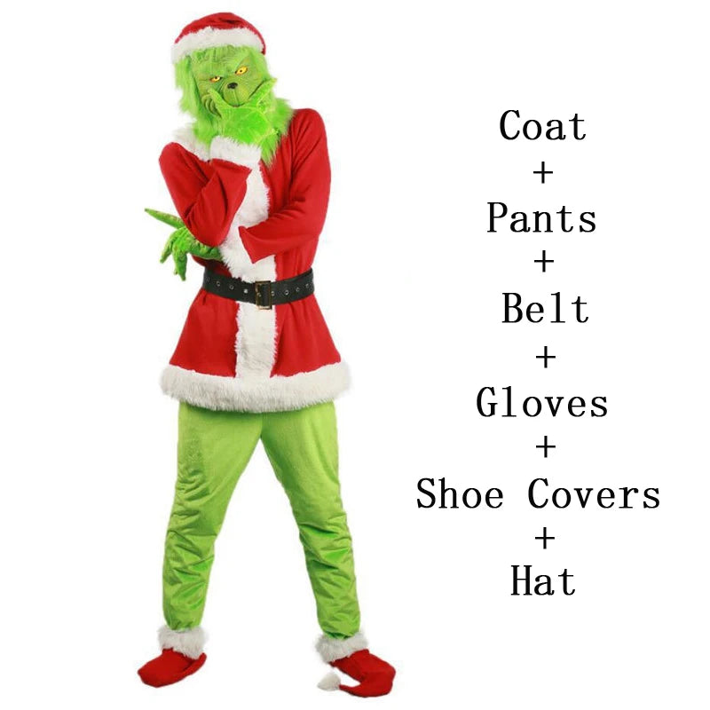 Grinch Christmas Outfit for Adults – Festive Green Fleece Santa Suit with Red & White Trim