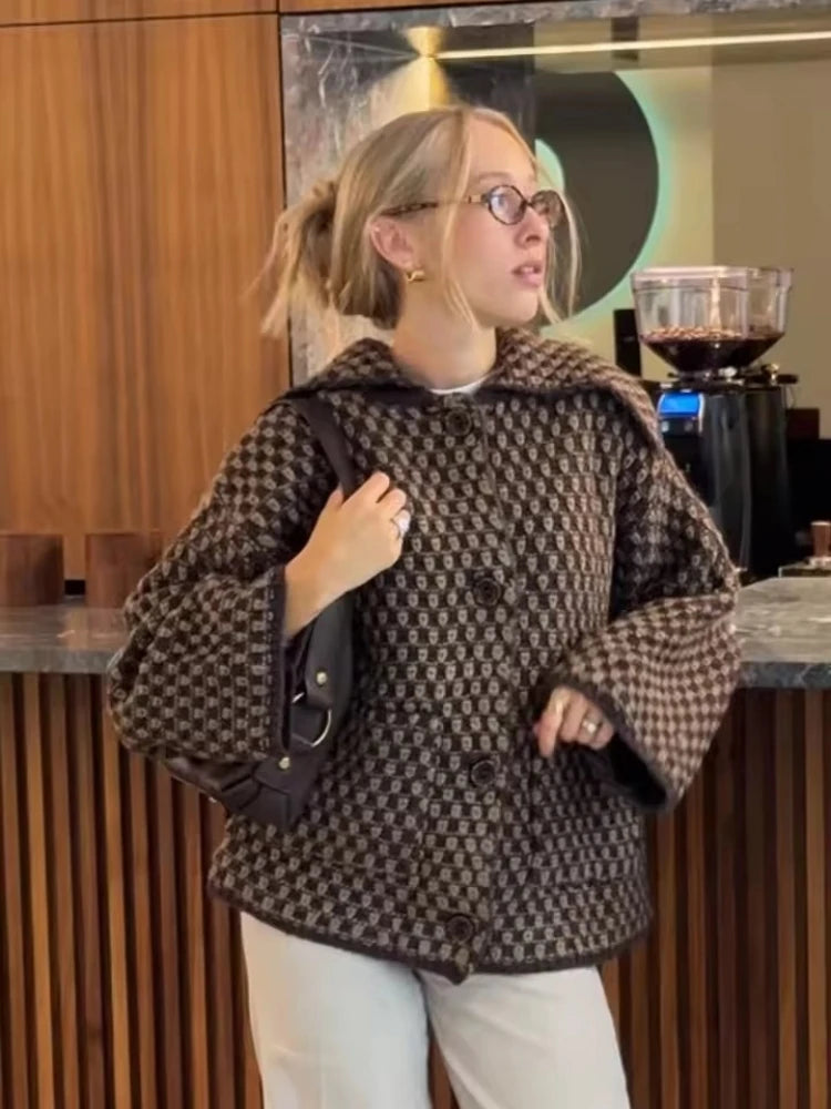 Brown Knit Cardigan – Women’s Elegant Lapel Sweater Coat