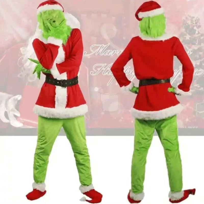 Grinch Christmas Outfit for Adults – Festive Green Fleece Santa Suit with Red & White Trim