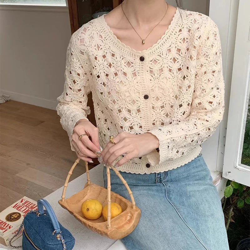 Philiberk Sheer Crochet Button-Up Cardigan for Women