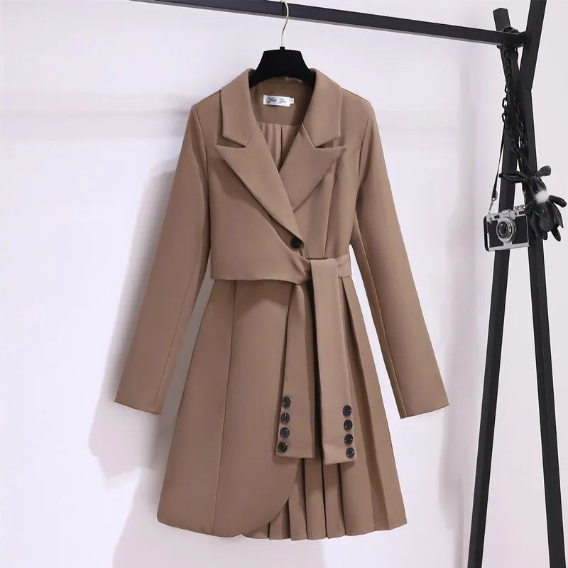 Fashion Long Sleeve Suit Dress – Pleated Belted Winter Outfit for Women