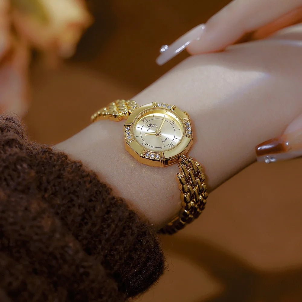 Vintage Gold Women’s Octagon Watch with Roman Numerals – Rhinestone Quartz Dress Watch