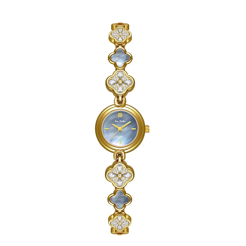 Women’s Lucky Four-Leaf Clover Quartz Watch – Elegant Crystal Bracelet Luxury Dress Watch