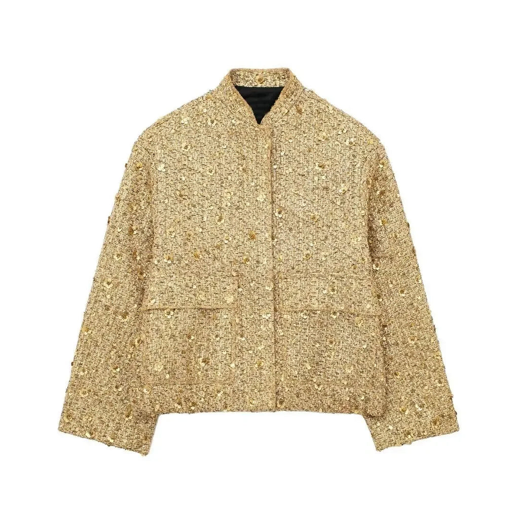 Women’s Sequined Bomber Jacket – Chic Fall Round Neck Coat with Pockets