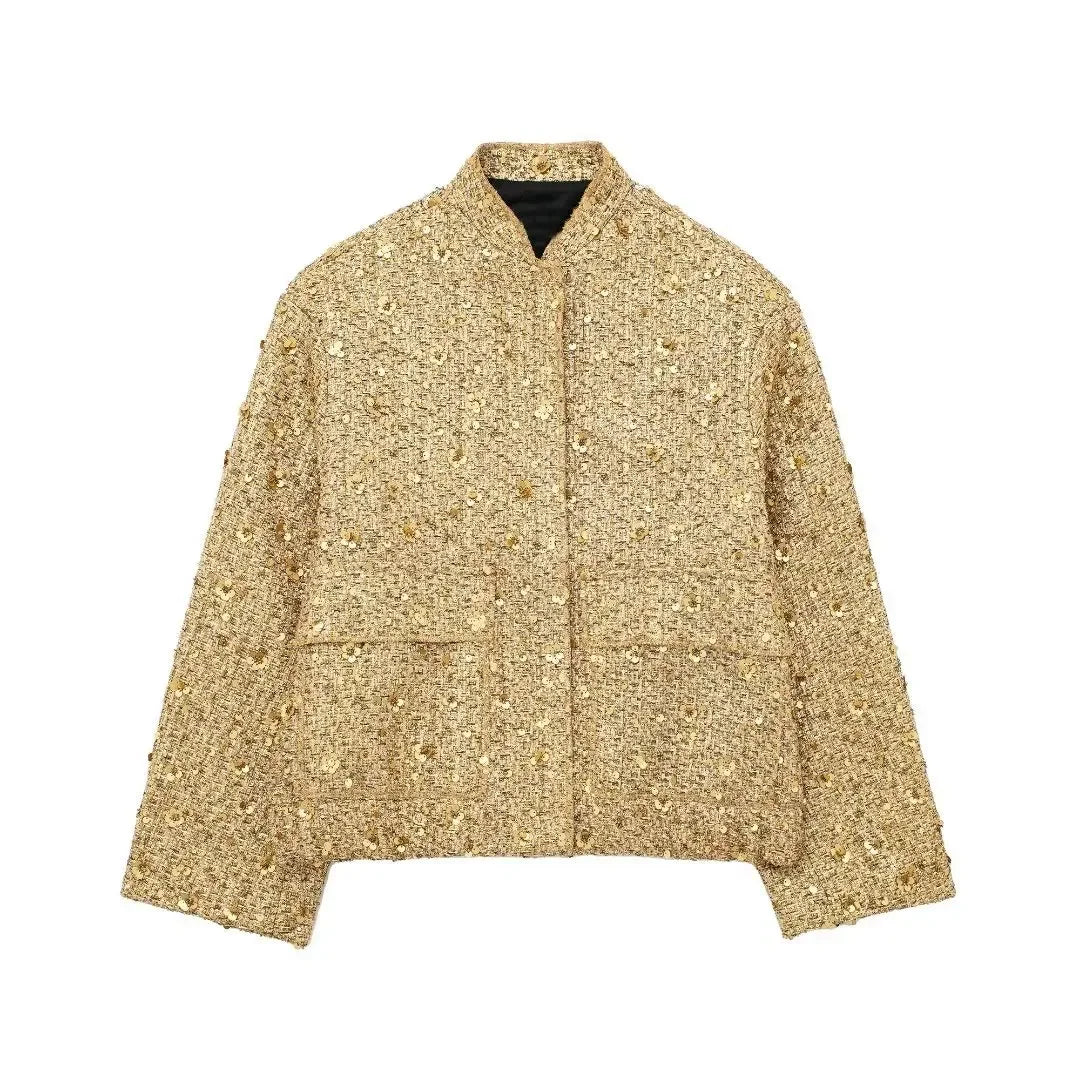 Women’s Sequined Bomber Jacket – Chic Fall Round Neck Coat with Pockets