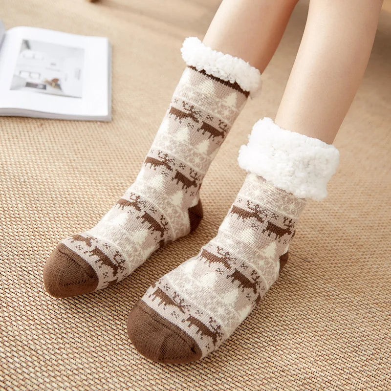 Cute Fuzzy Christmas Socks – Warm Plush Penguin & Deer Non-Slip Floor Slippers