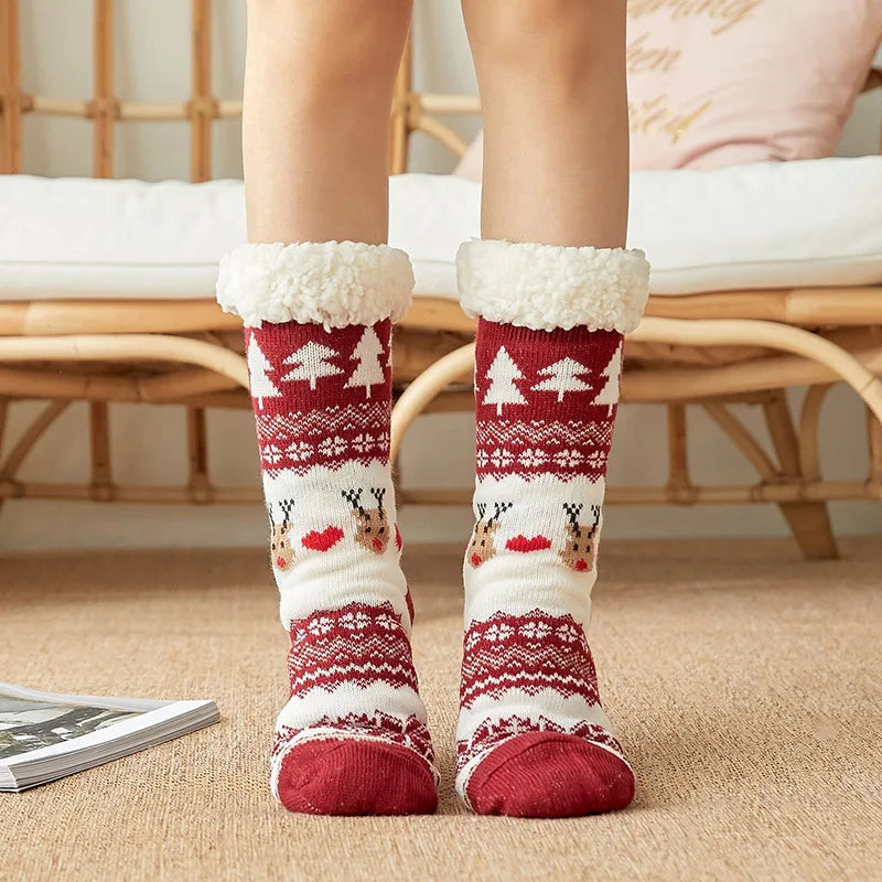 Cute Fuzzy Christmas Socks – Warm Plush Penguin & Deer Non-Slip Floor Slippers