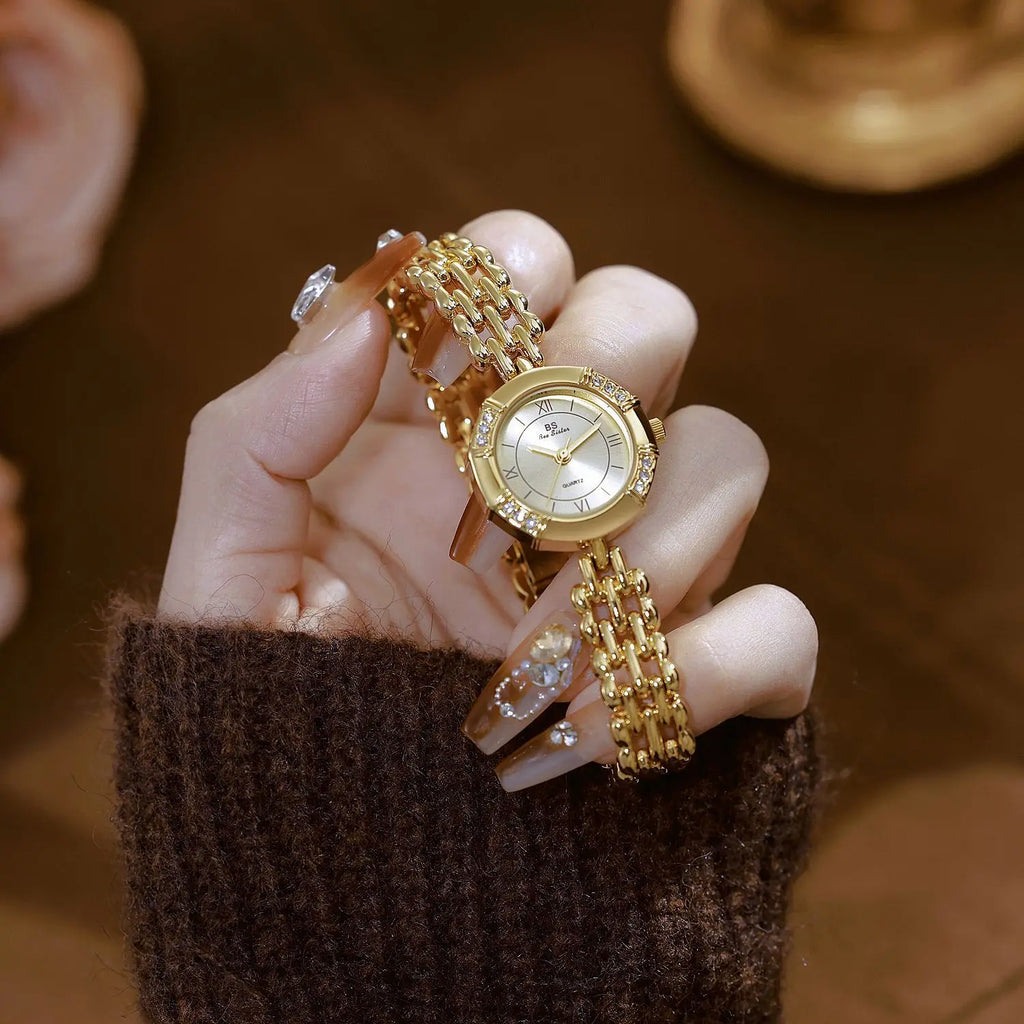 Vintage Gold Women’s Octagon Watch with Roman Numerals – Rhinestone Quartz Dress Watch