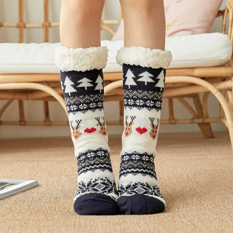 Cute Fuzzy Christmas Socks – Warm Plush Penguin & Deer Non-Slip Floor Slippers