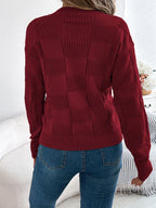 Women’s Plaid Knit Sweater – Round Neck Long Sleeve Cozy Cabin-Core Winter Pullover