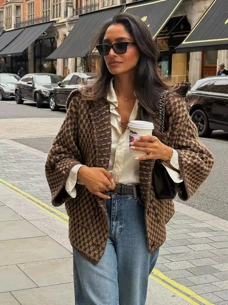 Brown Knit Cardigan – Women’s Elegant Lapel Sweater Coat