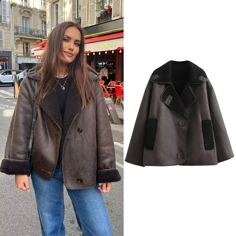 Women’s Plush Faux Leather Jacket – Warm Autumn & Winter Outerwear