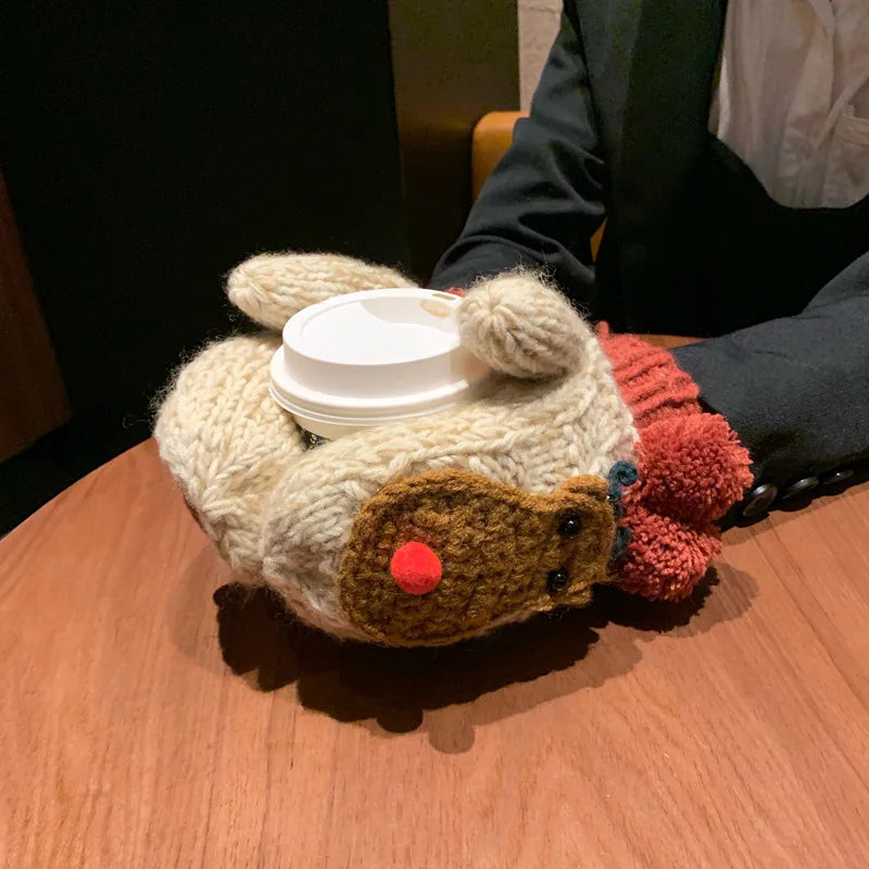 Festive Elk Plus-Velvet Mittens – Warm Hanging-Neck Winter Gloves