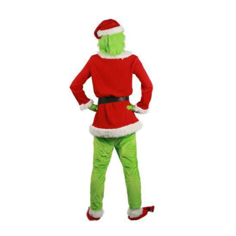 Grinch Christmas Outfit for Adults – Festive Green Fleece Santa Suit with Red & White Trim