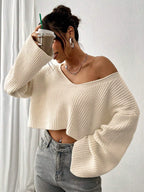 Women’s V-Neck Knit Sweater – Loose Fit Solid Color Textured Pullover