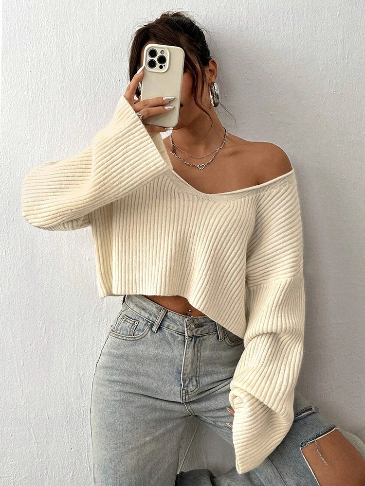 Women’s V-Neck Knit Sweater – Loose Fit Solid Color Textured Pullover