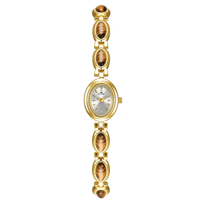 Golden Retro Women’s Watch with Jeweled Bracelet – Luxury Oval Dial Ladies Timepiece