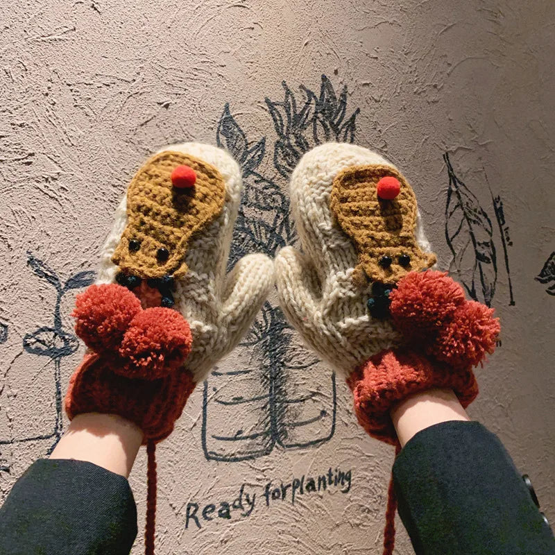 Festive Elk Plus-Velvet Mittens – Warm Hanging-Neck Winter Gloves