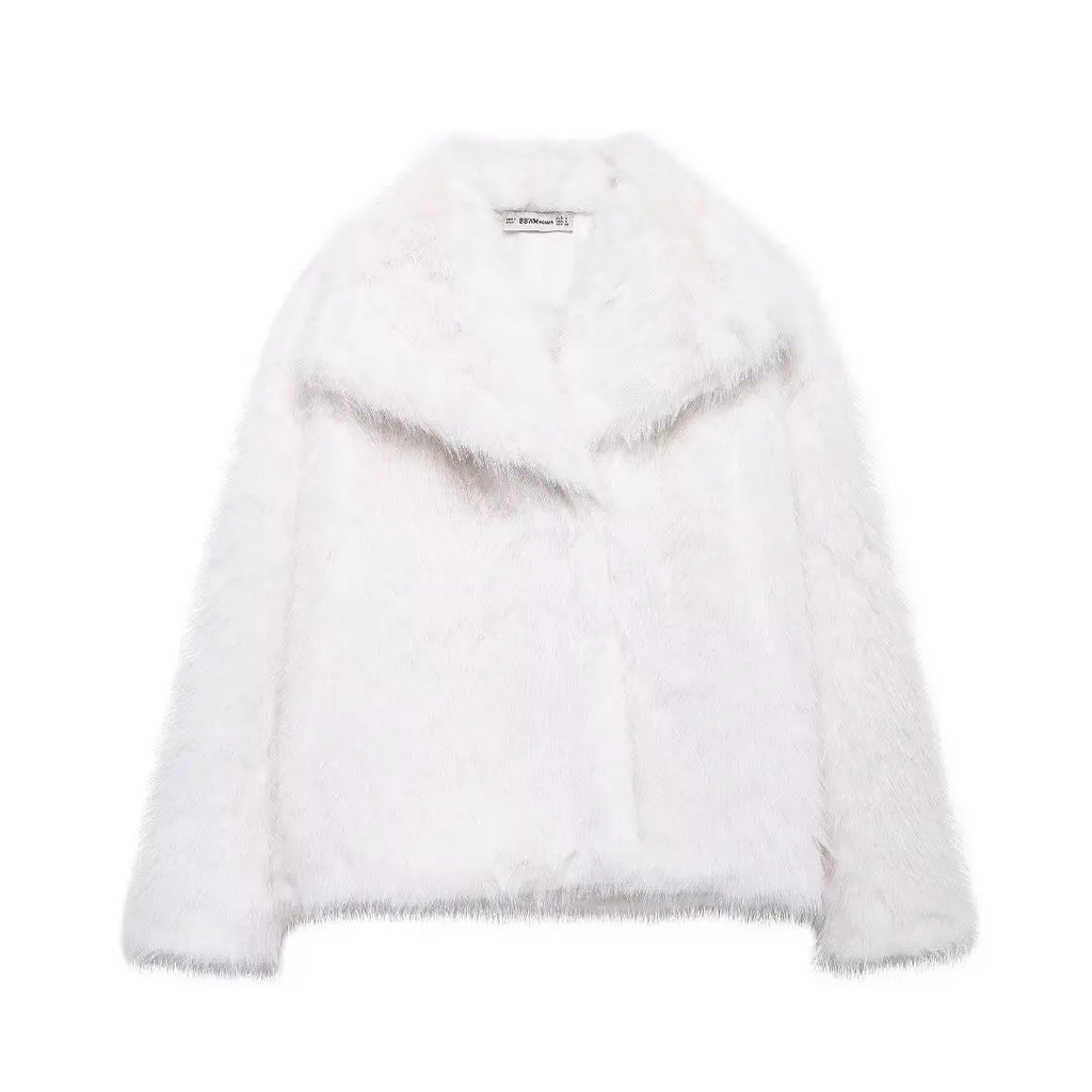 Women’s Chic Faux Fur Winter Coat – Solid Color Warm Lapel Collar Jacket