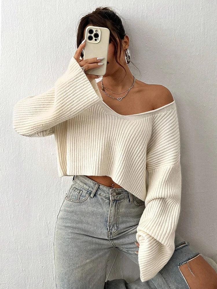 Women’s V-Neck Knit Sweater – Loose Fit Solid Color Textured Pullover