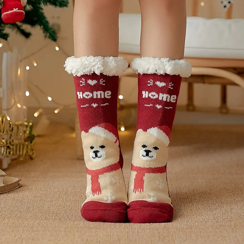 Cute Fuzzy Christmas Socks – Warm Plush Penguin & Deer Non-Slip Floor Slippers