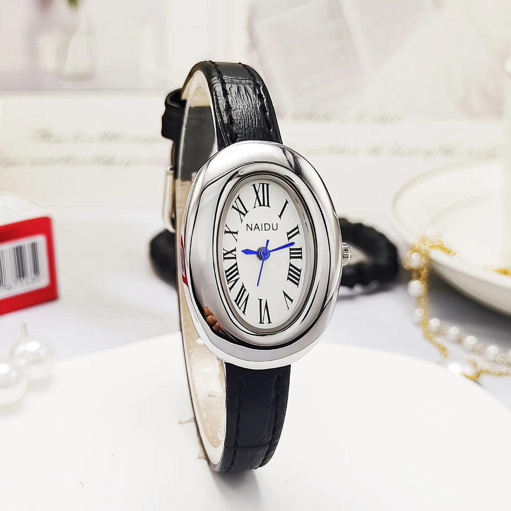 Vintage Oval Goose-Egg Women’s Quartz Watch – Leather Strap Ladies Timepiece