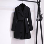 Fashion Long Sleeve Suit Dress – Pleated Belted Winter Outfit for Women
