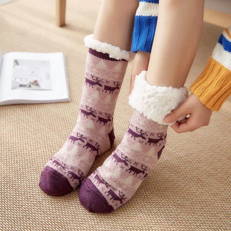Cute Fuzzy Christmas Socks – Warm Plush Penguin & Deer Non-Slip Floor Slippers