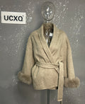 Elegant Woolen Overcoat with Fur Patchwork