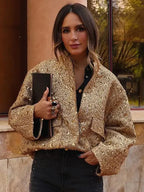 Women’s Sequined Bomber Jacket – Chic Fall Round Neck Coat with Pockets