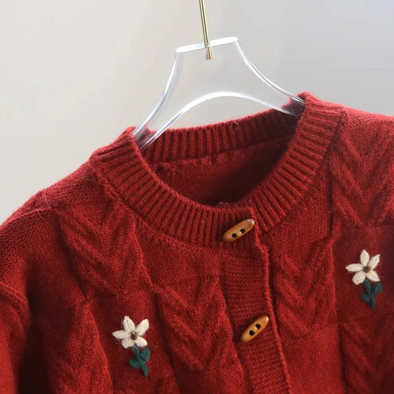 Retro Embroidered Twist Sweater Jacket – Women’s Thick Knit Cardigan